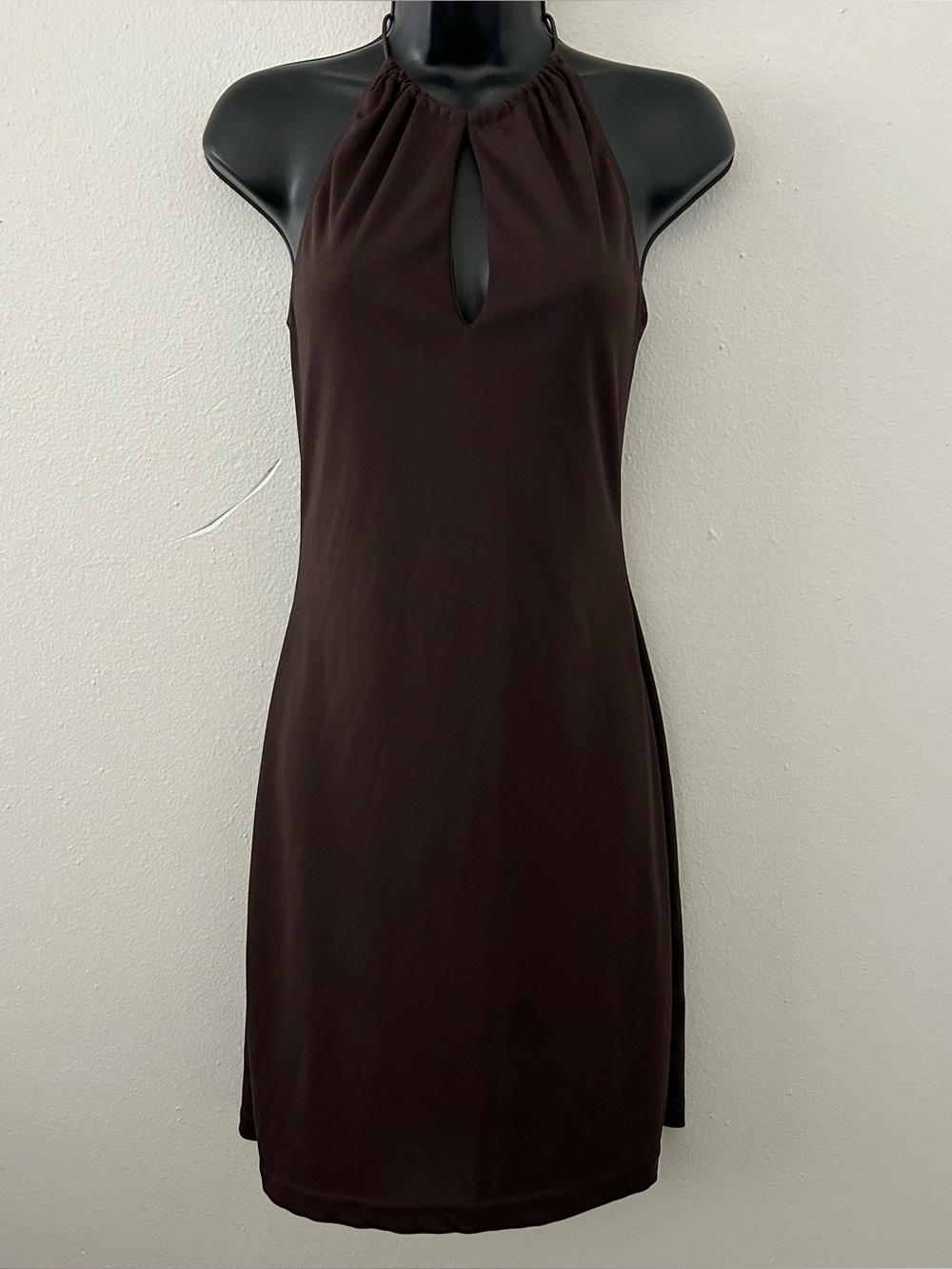 Vintage Y2K 90s XOXO Solid Brown Halter Dress Womens Size M Keyhole Neck Cutout